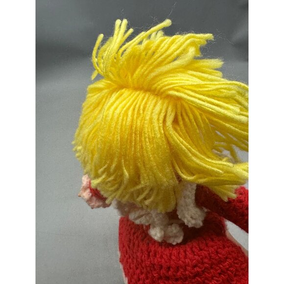 Vintage Handmade Crochet Doll With Yellow Yarn Hair & Red Dress Apron 14" READ - Picture 6 of 9